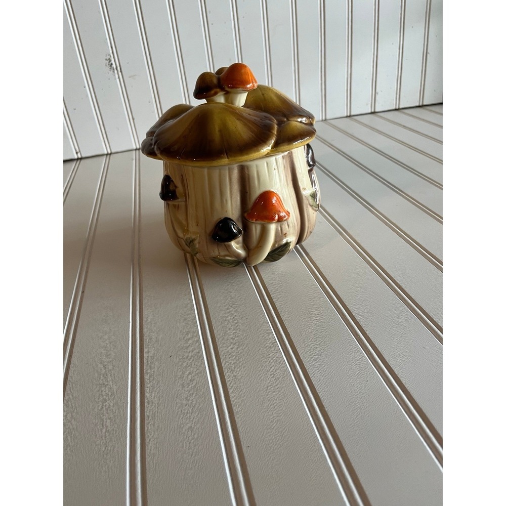 Vintage Homco Mushroom Ceramic Canister Jar Lid 1410 Brown Orange Japan Retro